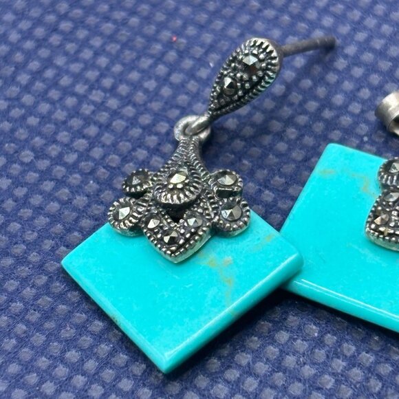 Genuine Turquoise, Marcasites on Sterling Silver Dangle Earrings Minimal Clasd - Picture 7 of 8